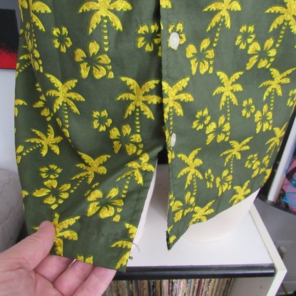 Vintage Ocean Pacific OP Hawaiian Shirt Green Palm Trees Women Dancing Large EUC - Picture 5 of 15